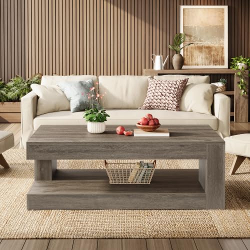 Image of Tribesigns Coffee Table for Living Room, 47.24 Inch Farmhouse 2-Tier Accent Center Tea Cocktail Table with Storage, Elegant Grey, Rectangular