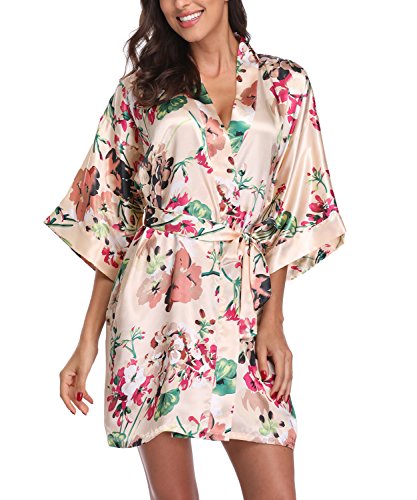Women's Satin Floral Kimono Robe Short Bridesmaid Bathrobe for Wedding Party,Apricot S