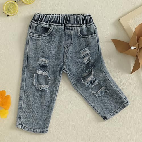 Unisex Baby Denim Pants Elastic High Waist Ripped Jeans Broken Hole Trousers Leggings Outfit3