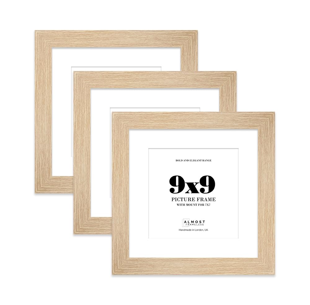 9x9" Oak Square Frame With Mount for 7x7" Pictures 28mm Edge Frame Display with Wall Hooks and Kickstand, 3 Pack