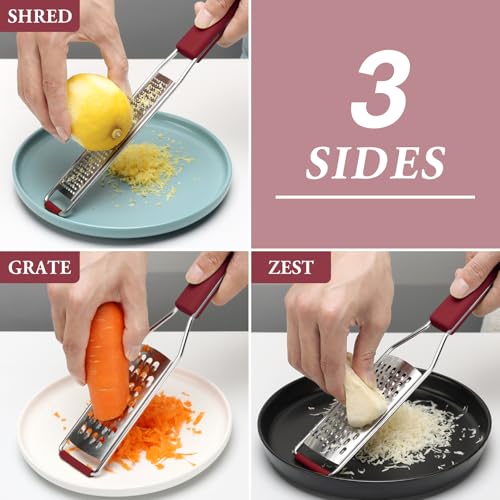 Image of Cambom Cheese Grater Citrus Zester Lemon Zester, Pack of 3, Red | 304 Stainless Steel, Sharp Tool for Parmesan Cheese, Ginger, Garlic, Nutmeg, Chocolate, Vegetables, Fruits, Dishwasher Safe