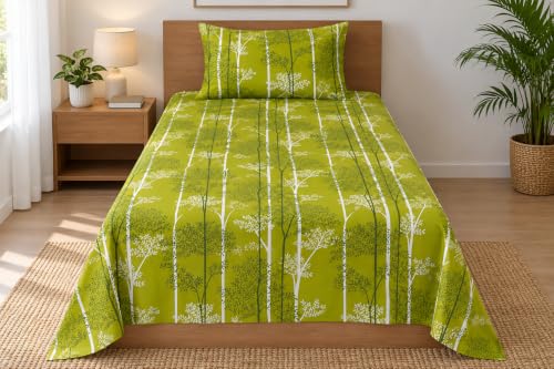 Image of Cottington Lane Cotton Single Bedsheet 68x90 Inch, Green Forest Escape