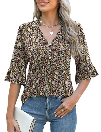 Rapbin Womens 3/4 Length Sleeve Blouses Ruffle Cuffs V Neck Button Down Shirts Dressy Flowy Tunic Tops4