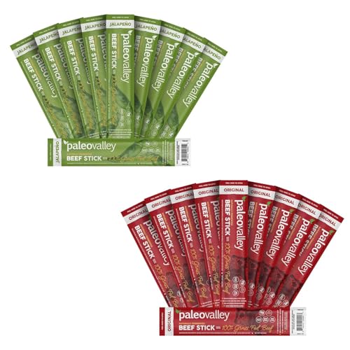 Paleovalley Beef Stick Bundle - Original + Jalapeno - 20 Beef Sticks - Delicious Gluten Free Beef Snack - High Protein Keto Friendly