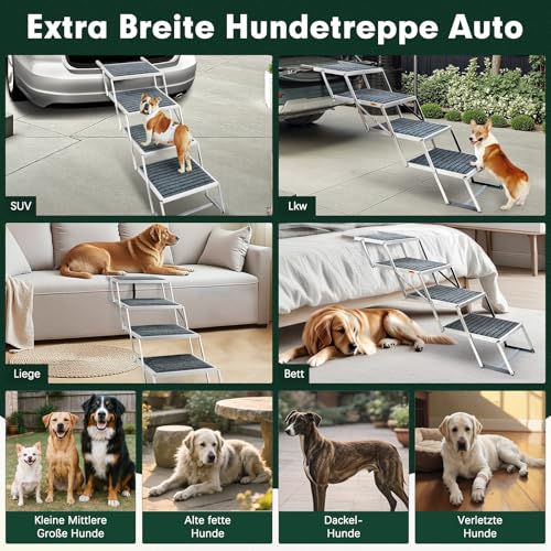 Hundetreppe Auto mit Teppich, Extra Breit 4 Stufen Hunderampe Auto Klappbar,Leichte Hunderampe Auto Klappbar, rutschfeste Hundetreppe für Lastwagen und SUV, Unterstützung bis 100 KG