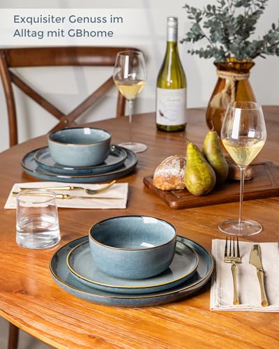 GBhome Geschirrset 6 Personen, 18-tlg Reaktive Glasur Handarbeit Steingut Geschirr Set, Mikrowellen- & Spülmaschinenfest Schüssel- und Teller Set, Weltraum Blau