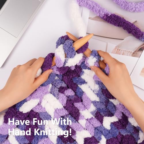Image of Cozyful Chunky Yarn for Hand Knitting - #10 Chunky Chenille Blanket Yarn, Jumbo Big Thick Chunky Yarns for Crocheting, Tie Dye Bulky Knit Yarns, 8 Skein (20 yds 8 oz Each Skein), Multi Purple & White