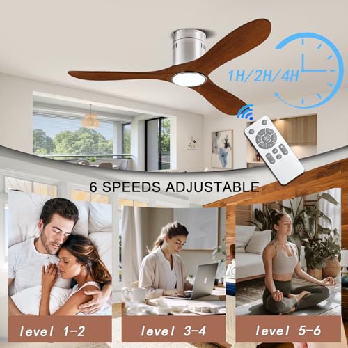 Image of 52 inch Ceiling Fans with Light with 6 Speed Remote /APP Control, Solid Wood Fan Blade, 3CCT Dimmable LED, Noiseless, Bedroom, Hallway Recessed Ceiling Fan