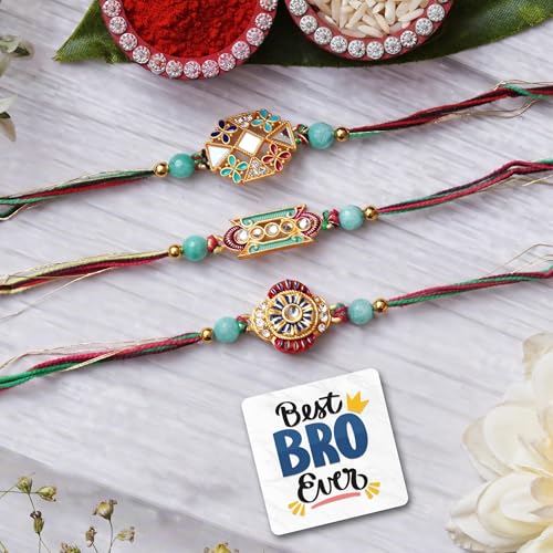 Image of eCraftIndia Set of 3 Beautiful Designer Rakhis, Best Bro Ever Fridge Magnet with Roli Chawal Pack - Rakhis for Brother, Bhabhi, Kids