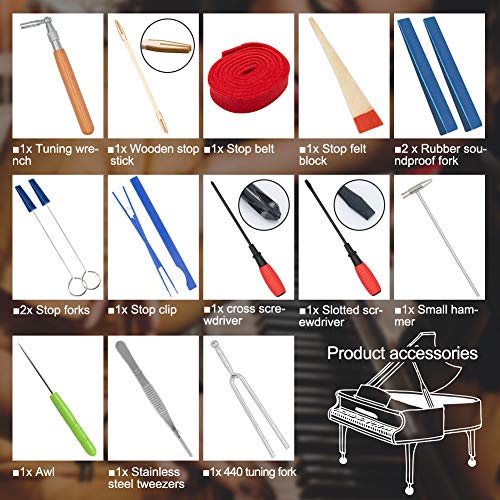 Piano Tuning Kit,YZNlife Professional 16 pcs Piano Tuner Tools Including Tune Hammer Lever Felt, Mutes, Fork,Tuning Wrench,Temperament Strip, Piano Repairing Accessories