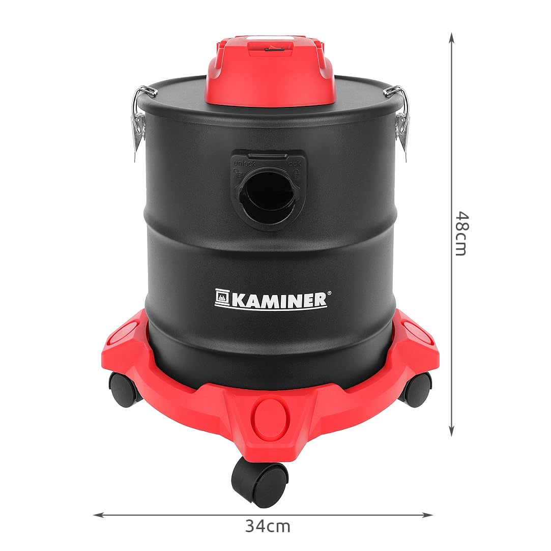 KAMINER Odkurzacz do popiołu 20 l, 1600 W, odporny na wysokie temperatury – metalowy zbiornik, HEPA + filtr tekstylny, funkcja ssania i dmuchania, 3 dysze, koła – bezworkowy, do piekarnika, grilla i
