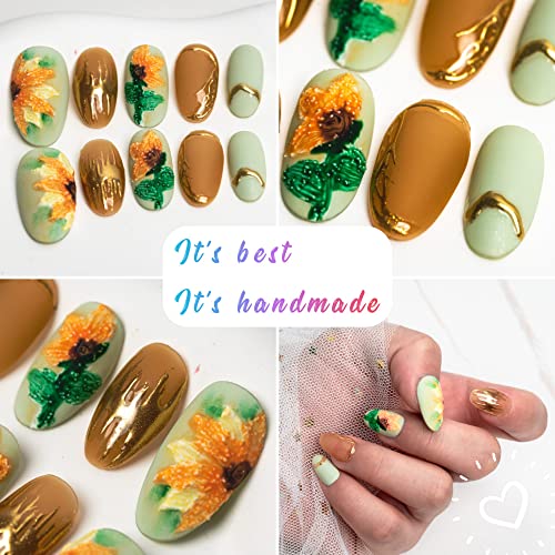 Sun&Beam Nails Handmade Press On Nails Medium Oval Mint Green Caramel Brown Gold Sunflower Floral Design Glossy 10 Pieces for Everyday Wear and Going Out (#022 L) - Image 2