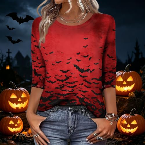 Image of Women Spooky Halloween Graphic Shirt 3 /4 Length Sleeve Crewneck Top | Halloween Funny Printed Pumpkin Plus Size Tshirts 2026 Fall Outfits Skeleton Tee Going Out Tops
