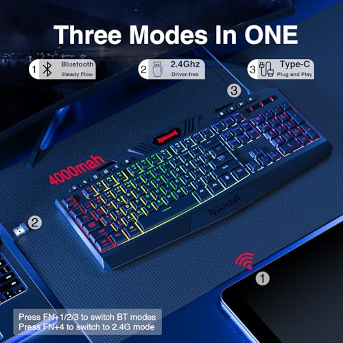 Image of Redragon K503 Wireless Gaming Keyboard, RGB LED Backlit, Multimedia Keys, Silent Membrane Keyboard with Wrist Rest for Windows PC Games (Black)