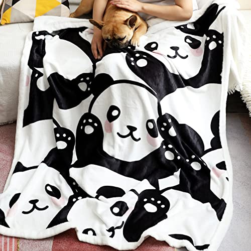 Panda Pattern Flannel Blanket - Super Soft Black & White Cozy Throw for Girls Kids Teens, Lightweight, Cute Bedding for Home Bedroom Sofa Couch Gift (Cute Panda, 50x60 Inches)