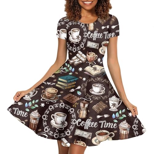 Image of POLERO Women Puffy Swing Elegant Party Midi Dresses Short Sleeve Round Neck A-Line Dress