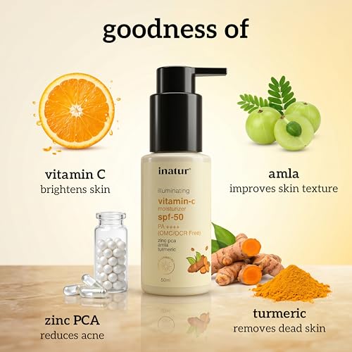 Image of inatur Vitamin C Sunscreen + Moisturizer SPF 50 PA++++ | Water Resistant & Lightweight | No White Cast | UVA & UVB Defense | Skin Brightening & Hydrating | For All Skin Types | Men & Women | 50ml
