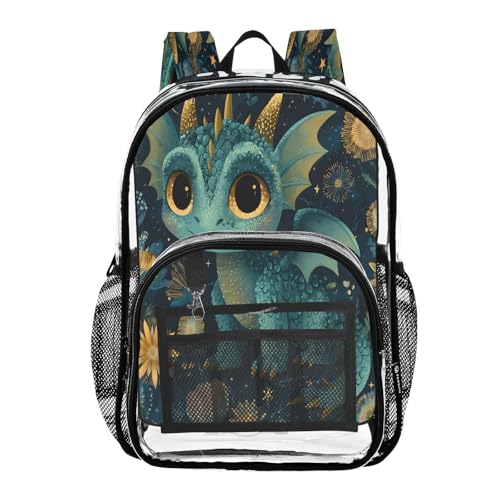 Dragon Flower Blue Clear Backpack Heavy Duty See Through Transparent PVC BookBag for Kids Boy Girl School Work