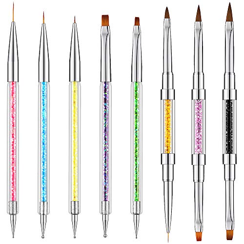 8 Pieces 3D Nail Art Brushes Set Nail Art Liner Ombre Brush Nail Painting Brushes Double Ended Nail Dotting Drawing Pen Acrylic Rhinestone Handles Nail Art Pens
