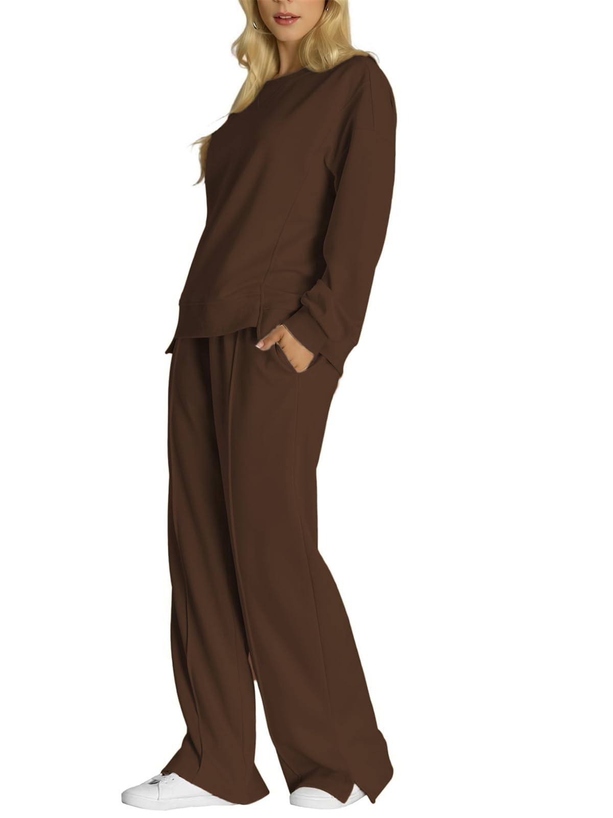 SotRong Survêtement d'hiver à manches longues et col rond pour femme - Tenue d'hiver surdimensionnée - Taille élastique - Pantalon de jogging avec poches - Confortable - Ensemble de vêtements de