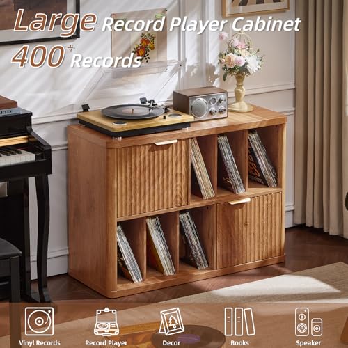 Image of LEYAOYAO Large Record Player Stand with Vinyl Storage Up to 450 Albums, Wood Fluted Boho Record Storage Accent Cabinet, Modern Stereo Media Cabinets, Wide Turntable Stand for Living Room, Tea Brown