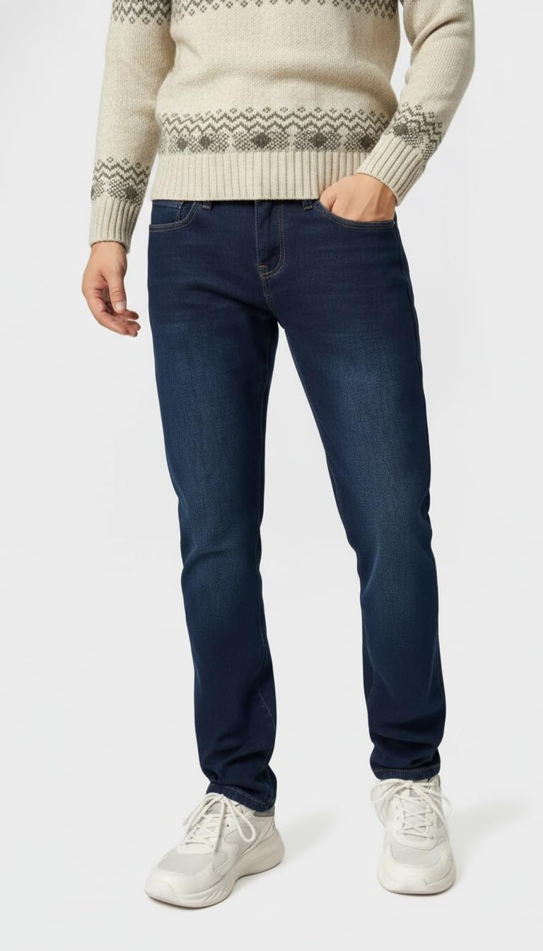 TONY BACKER - Jeans molletonnés pour Homme, Pantalon rembourré pour Homme avec Polaire, Chaud pour l'hiver, Jeans élastiques Thermiques Confortables et Polyvalents pour Le Travail, Les Loisirs, Bleu