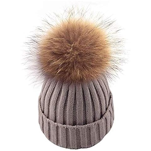 feifanshop Knit Beanie Crochet Hat Women Ladies Double Layer Winter Rib Knit Hats with Faux Fur Pom Pom Hat Khaki Cover