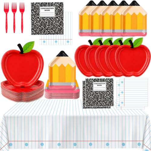 LINHAXM 73Pcs Back to School Decorations First Day of School Decorations with Apple Plates Pencil Plates Napkins Forks and Tablecloth for Back to School Classroom Party Supplies Serves 24
