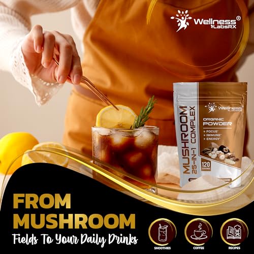 WELLNESS LABSRX Mushroom Powder, 25 in 1 Mushrooms Supplement - 2000mg, 25 Superfood Mishroom Lions Mane Powder with Chaga, Shiitake, Cordyceps, Reishi - Lion's Mane Mushroom - 120 Servings - Thumbnail 7