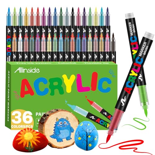 Image of Allinside Acrylic Paint Markers, 36 Colors Soft Brush Tip Paint Pens, Waterproof Quick Dry Acrylic Markers for Rock Painting Wood Canvas Glass Fabric Stone Egg DIY Art Crafts Supplies