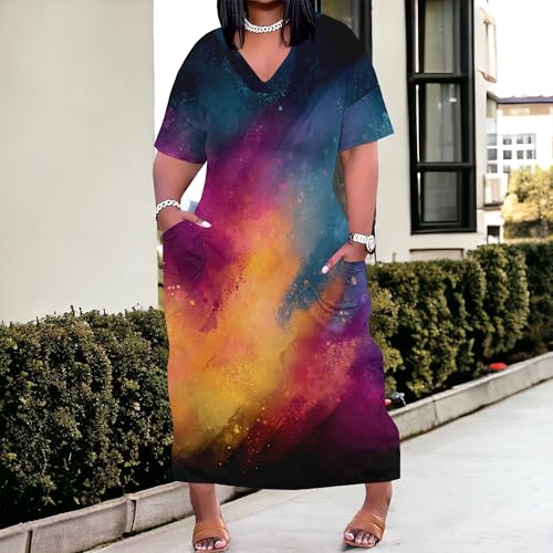 Image of SUZONANA Women Casual T-Shirt Dress V Neck Short Sleeve Solid Color Oversize Dress with Front Two Pockets