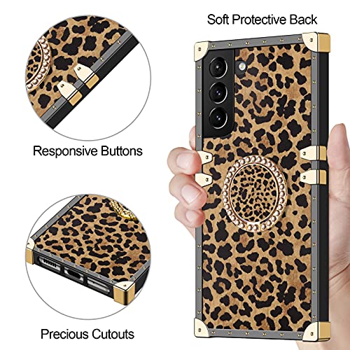 Wollony For Galaxy S21 Fe Case Luxury Square Case With Kickstand Ring Stand Holder For Women Girls Metal Corner Soft Tpu Full Body Shockproof Protective Cover For Samsung Galaxy S21 Fe 5G Leopard #TOP1