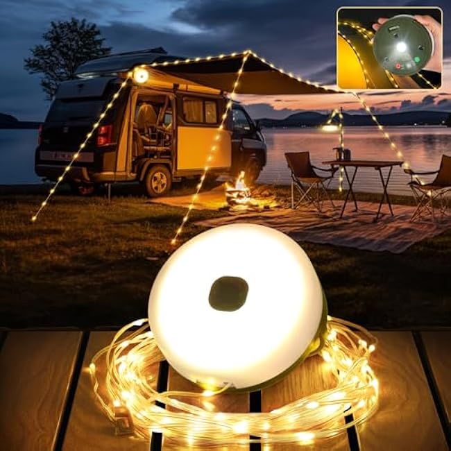 Retractable Camping String Lights, 33FT 3000 mAh Rechargeable 4 in 1 Tent Lights String with 9 Modes, Outdoor Portable Camper Lighting Waterproof, Camp Lamp for Party, Yard, Hiking Essentials