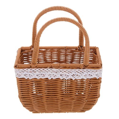 Bolsa de vime natural tecida à mão, bolsa de praia feminina, cesta retangular, bolsa de renda, bolsa de verão, bolsa de palha, cesta de florista para dama de honra, boho cáqui/832