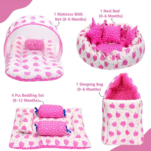 Image of Fareto Combo of Baby Nest | Net with Bed | Carry Bag | 4 Pcs Bedding Set(0-6 Months) (Fullset Nest) (Ele Pink)