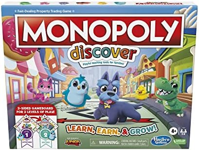 Monopoly Discover Board Game for Kids Ages 4+, Fun Game for Families, 2-Sided Gameboard for 2-4 players, 2 Levels of Play, Playful Teaching Tools for Families