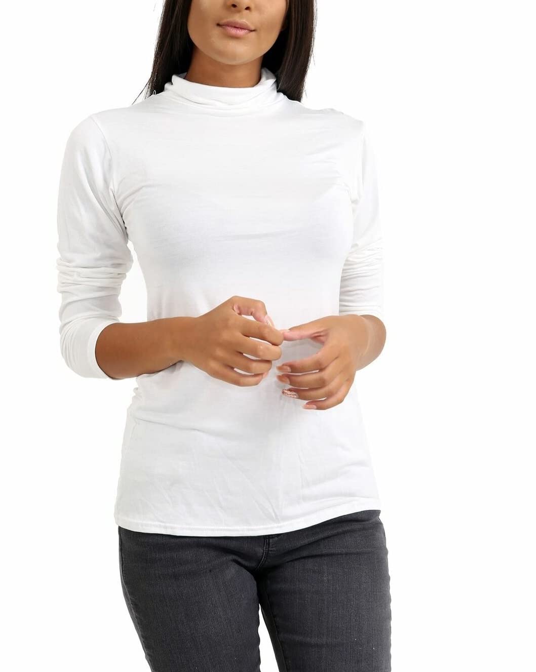 Ladies Women Basic Long Sleeve Plain Polo Turtle Neck Ladies Stretch Plus Size Top T Shirt (White, 3XL)