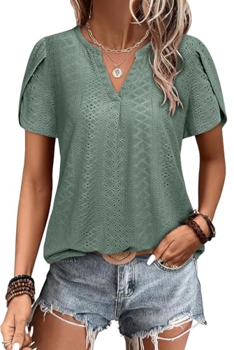 Bulotus Women Summer Casual Short Sleeve T-shirts V Neck Tops Short Sleeve Loose Fit Tunic Blouses