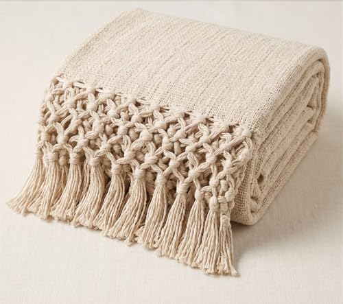 Image of HAKAM Cotton Throw Blanket with Macrame Tassels for 3 Seater Sofa | Ideal for Your Home, Living Room, Sofa, Bed, Chair, Picnic & Used for Gift - 50X70 inch (Biege, Small Single)