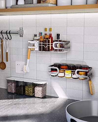 HapiRm Shower Caddy, Shower Caddy No Drill Stainless Steel, Adhesive Shower Shelves with 12 Hooks for Hanging Brush Towel and Bath Ball, Bathroom Shelves no Drilling Wall Mounted, 2 Pack, Silver