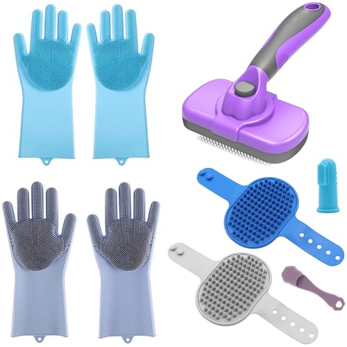 Dog Grooming Gloves and Brush Set - Dog Washing Gloves | Self-Cle...