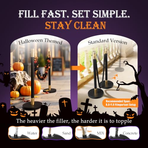 Image of 4 Pack Halloween Black&Gold Stanchions and Velvet Ropes Set, Stainless Steel Crowd Control Barriers, 3Pcs Black Ropes and Poles for Party Supplies,Photobooth Accessories, Prom, Halloween Decorations