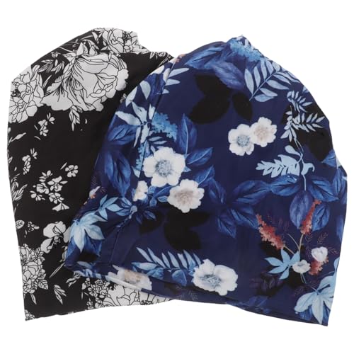 COLLBATH 2 Piezas Gorros de Algodón Ajustables para Dormir Gorro Transpirable para Noche Protector Suave para Cabello Rizado y Trenzas Turbante Femenino con Estampado Floral Negro y Azul