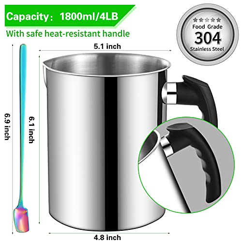 Candle Making Pouring Pot, 1800ml/60oz Double Boiler Wax Melting Pot, 304 Stainless Steel Candle Making Pitcher with Heat-Resistant Handle and Dripless Pouring Spout Design,1Pc Spoon - Thumbnail 2