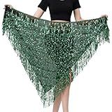 MUNAFIE Hip Scarf for Belly Dance Folk Dance Halloween Costume Tribal Dance Skirt with Sequin Tassel Black Green