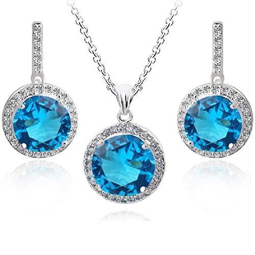 Preisvergleich Produktbild Rund Blau Simulierter Aquamarin Österreichische Zirkonia Kristalle Schmuck-Set Halskette Anhänger 45 cm Ohrringe 18 kt Weiß Vergoldet