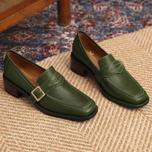 Image of MOOMMO Women Chunky Heel Penny Loafers Square Toe Buckle Slip On Comfort | Office Ladies Loafer Pumps 2 inch Stacked Block Heel Dress Loafers Oxfords Walking Dress Shoes Casual Size 4-11 M US