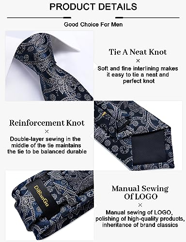 Image of DiBanGu Paisley Ties for Men Silk Necktie and Pocket Square Cufflinks Tie Clip Set Woven Classic Mens Tie for Wedding Party