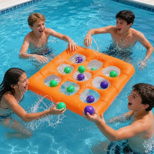 WJUAN Giochi per Piscina Set, 9 Caselle Giochi Piscina Tic-Tac-Toe, Gonfiabile Lancio Anelli Gioco con 10 Palle, Gioco Acquatici Estate da 14 Anni in su, Per Piscinas, Sul Prato o Sulla Spiaggia