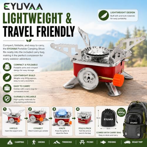 Image of EYUVAA LABEL Alloy Steel Portable Gas Stove for Travel with Butane Gas Cylinder, Folding Furnace Outdoor Camping Stove, Lightweight Gas Burner for Hiking and Emergency Use (Stove + 2 Butane Refill)